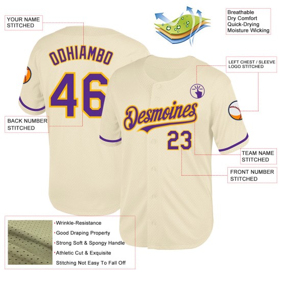 Jersey de béisbol auténtico de malla personalizada en morado y dorado con efecto retro color crema