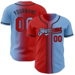 Camiseta de béisbol con degradado claro, roja, negra y azul, personalizada, de moda y auténtica.