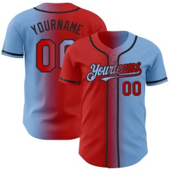 Camiseta de béisbol con degradado claro, roja, negra y azul, personalizada, de moda y auténtica.
