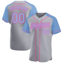 Camiseta de béisbol personalizada con mangas auténticas en azul y rosa, gris claro y raglán