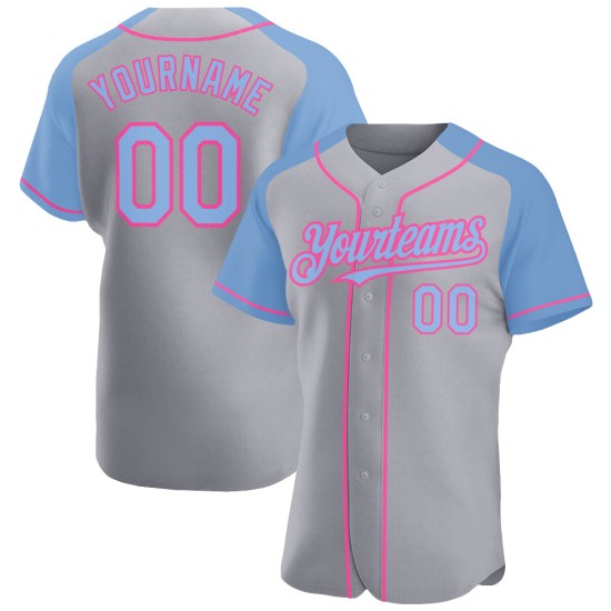 Camiseta de béisbol personalizada con mangas auténticas en azul y rosa, gris claro y raglán