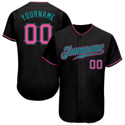 Camiseta de béisbol personalizada auténtica en rosa y verde azulado y negro