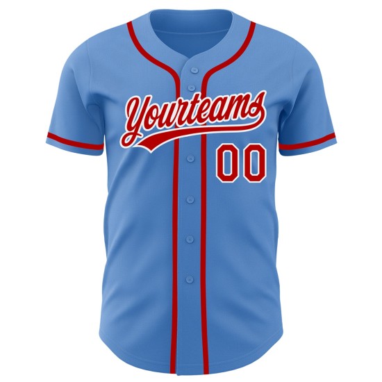 Camiseta de béisbol personalizada roja y blanca, color azul polvo, auténtica