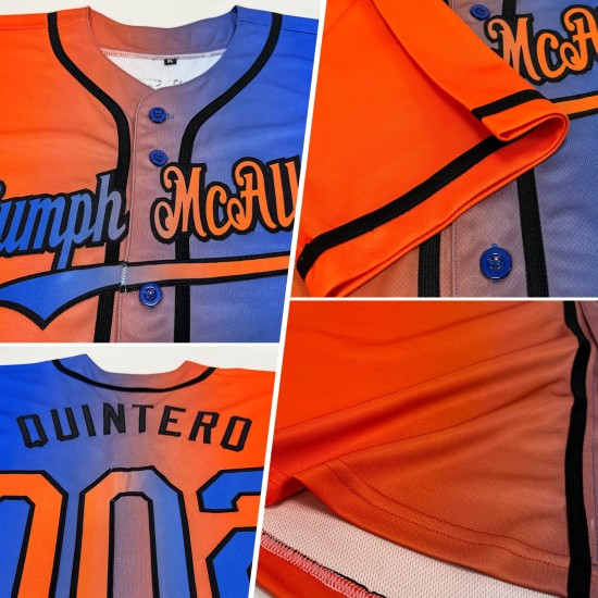 Camiseta de béisbol auténtica personalizada en color naranja y negro con degradado azul trueno Camiseta de béisbol auténtica personalizada en color naranja y negro con degradado azul trueno