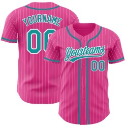 Camiseta de béisbol personalizada auténtica de rayas blancas, verde azulado y rosa