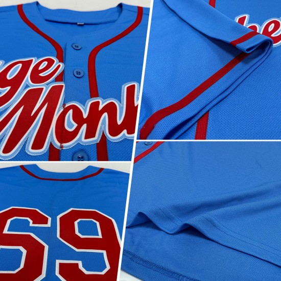 Camiseta de béisbol personalizada roja y blanca, color azul polvo, auténtica