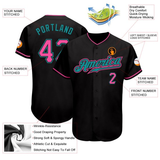 Camiseta de béisbol personalizada auténtica en rosa y verde azulado y negro