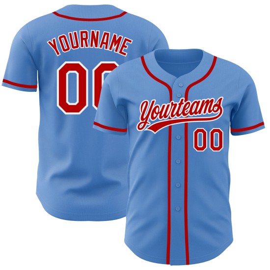Camiseta de béisbol personalizada roja y blanca, color azul polvo, auténtica