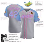 Camiseta de béisbol personalizada con mangas auténticas en azul y rosa, gris claro y raglán