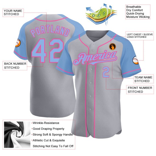 Camiseta de béisbol personalizada con mangas auténticas en azul y rosa, gris claro y raglán