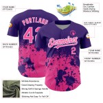 Camiseta morada personalizada con diseño 3D salpicado, patrón abstracto grunge, arte de béisbol auténtico rosa-blanco
