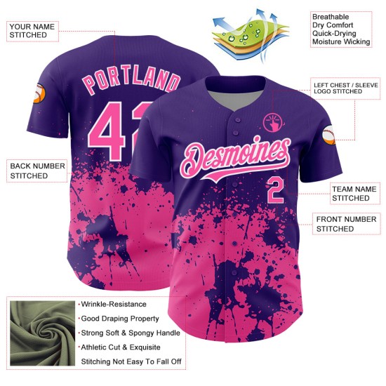 Camiseta morada personalizada con diseño 3D salpicado, patrón abstracto grunge, arte de béisbol auténtico rosa-blanco