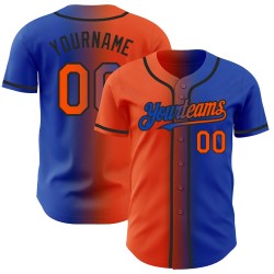 Camiseta de béisbol auténtica personalizada en color naranja y negro con degradado azul trueno
