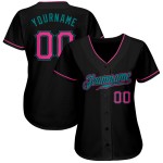 Camiseta de béisbol personalizada auténtica en rosa y verde azulado y negro