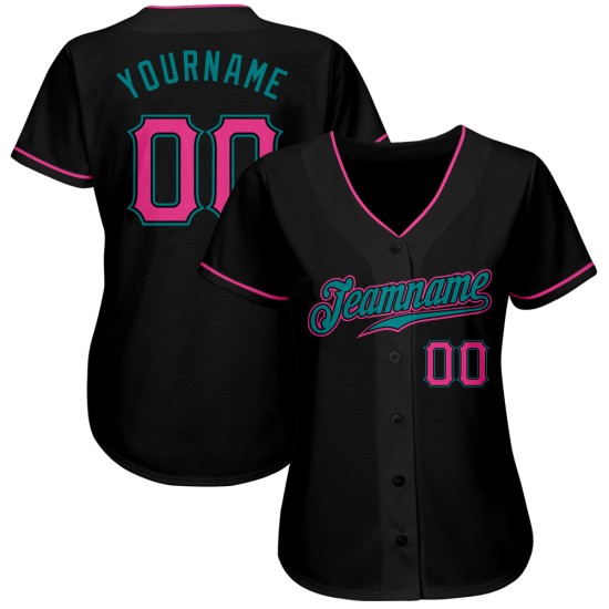 Camiseta de béisbol personalizada auténtica en rosa y verde azulado y negro