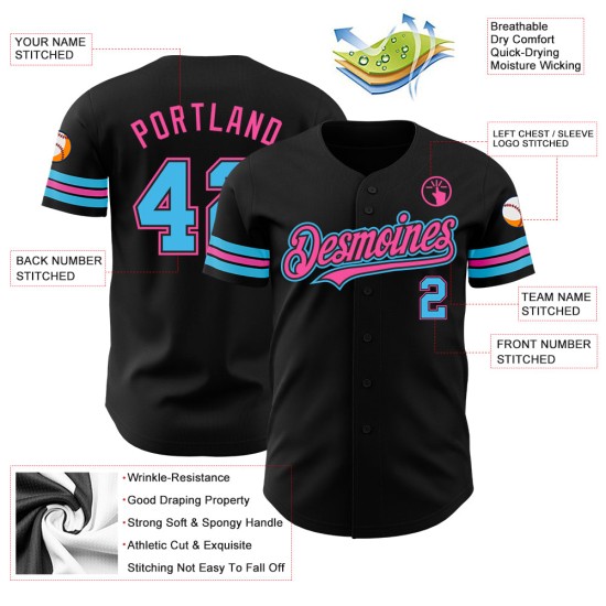 Camiseta de béisbol auténtica azul-rosa Sky Black personalizada Camiseta de béisbol auténtica azul-rosa Sky Black personalizada