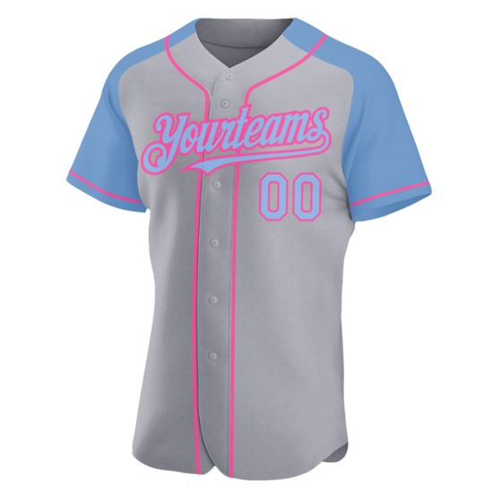 Camiseta de béisbol personalizada con mangas auténticas en azul y rosa, gris claro y raglán