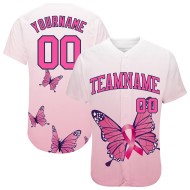 Camiseta de apoyo personalizada auténtica con lazo 3D para concienciar sobre el cáncer de mama, con mariposas y béisbol rosa