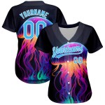 Camiseta de béisbol personalizada con diseño de medusa azul y blanca 3D, diseño auténtico de neón, color negro cielo