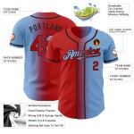 Camiseta de béisbol con degradado claro, roja, negra y azul, personalizada, de moda y auténtica.