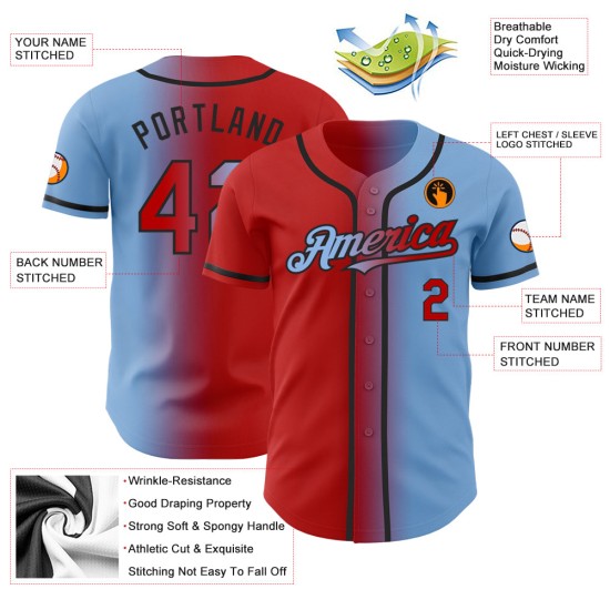 Camiseta de béisbol con degradado claro, roja, negra y azul, personalizada, de moda y auténtica.