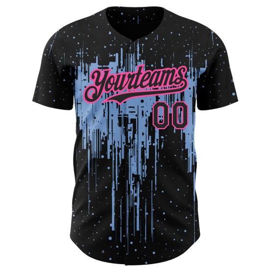Camiseta de béisbol auténtica con diseño 3D, diseño personalizado, salpicadura y patrón claro, en negro, azul y rosa.