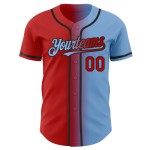 Camiseta de béisbol con degradado claro, roja, negra y azul, personalizada, de moda y auténtica.