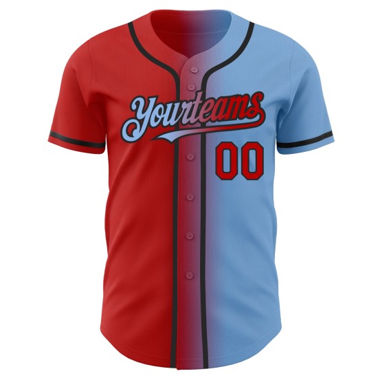 Camiseta de béisbol con degradado claro, roja, negra y azul, personalizada, de moda y auténtica.