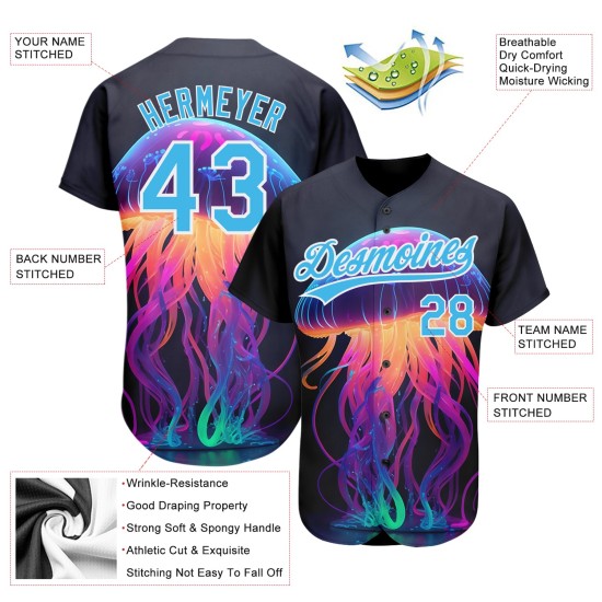 Camiseta de béisbol personalizada con diseño de medusa azul y blanca 3D, diseño auténtico de neón, color negro cielo