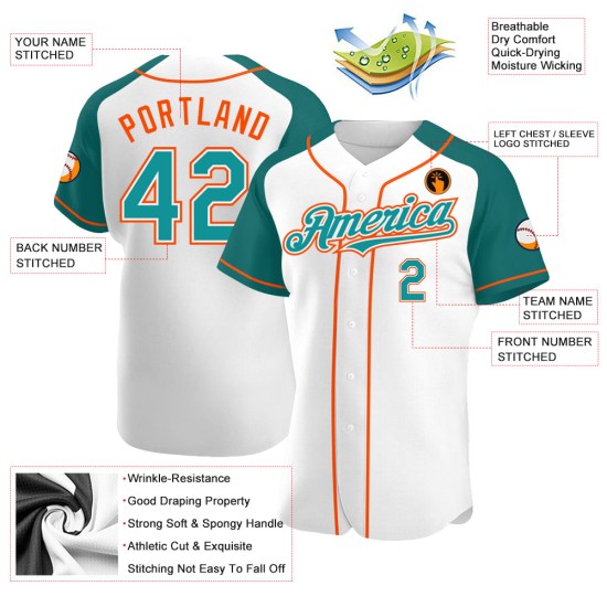 Camiseta de béisbol personalizada con mangas raglán, color blanco, verde azulado y naranja