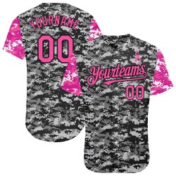 Camiseta de béisbol para mujer con cinta de camuflaje rosa personalizada auténtica, color rosa y negro, con concienciación sobre el cáncer en 3D. Apoyo a la salud y el pecho.