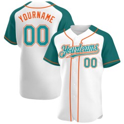 Camiseta de béisbol personalizada con mangas raglán, color blanco, verde azulado y naranja