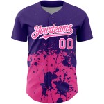 Camiseta morada personalizada con diseño 3D salpicado, patrón abstracto grunge, arte de béisbol auténtico rosa-blanco