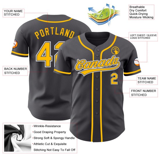 Camiseta de béisbol auténtica gris personalizada en dorado y blanco y acero