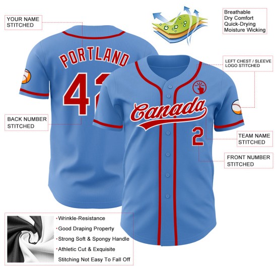 Camiseta de béisbol personalizada roja y blanca, color azul polvo, auténtica