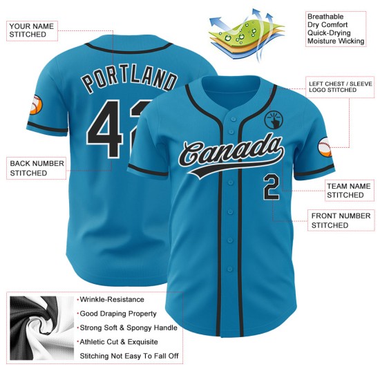 Camiseta de béisbol azul auténtica personalizada de Panther, negra y blanca
