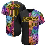 Camiseta de béisbol personalizada con diseño auténtico de palmeras tropicales, negro, hawaiano, amarillo y árboles con patrón 3D.