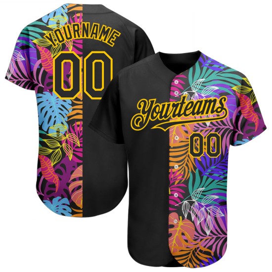Camiseta de béisbol personalizada con diseño auténtico de palmeras tropicales, negro, hawaiano, amarillo y árboles con patrón 3D.