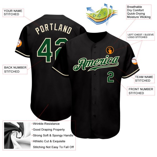 Camiseta de béisbol negra personalizada verde-crema auténtica