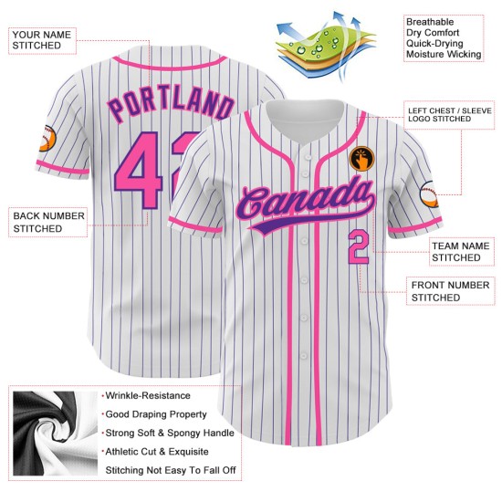 Camiseta de béisbol personalizada, color morado, rosa y blanco, auténtica, con rayas.