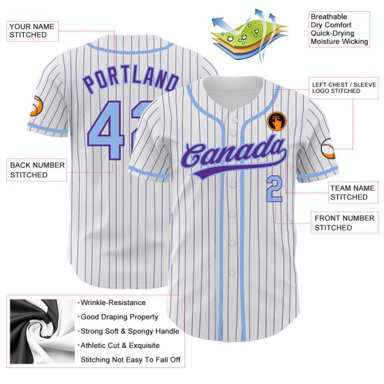 Camiseta de béisbol a rayas personalizada ligera, morada, blanca y azul, auténtica Camiseta de béisbol a rayas personalizada ligera, morada, blanca y azul, auténtica