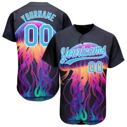 Camiseta de béisbol personalizada con diseño de medusa azul y blanca 3D, diseño auténtico de neón, color negro cielo