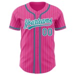 Camiseta de béisbol personalizada auténtica de rayas blancas, verde azulado y rosa