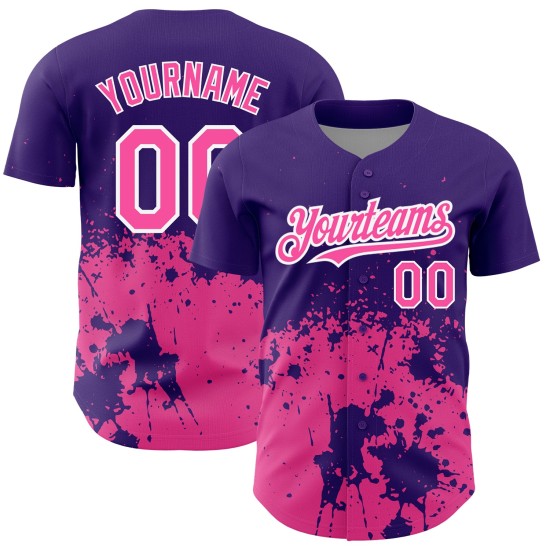 Camiseta morada personalizada con diseño 3D salpicado, patrón abstracto grunge, arte de béisbol auténtico rosa-blanco