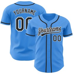 Camiseta de béisbol personalizada auténtica, color negro, blanco y azul eléctrico
