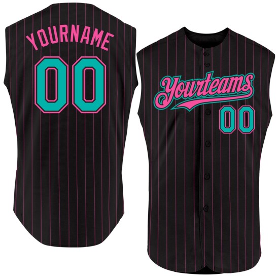 Camiseta de béisbol auténtica sin mangas personalizada con rayas negras, rosas y aguamarina