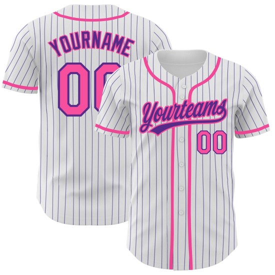 Camiseta de béisbol personalizada, color morado, rosa y blanco, auténtica, con rayas.