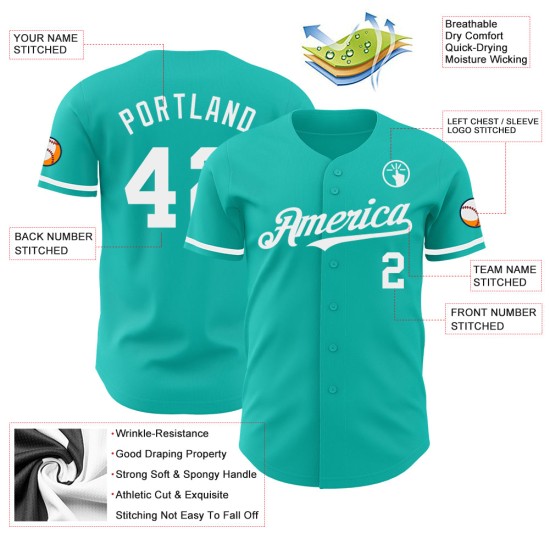 Camiseta de béisbol auténtica personalizada color blanco aguamarina