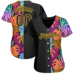 Camiseta de béisbol personalizada con diseño auténtico de palmeras tropicales, negro, hawaiano, amarillo y árboles con patrón 3D.