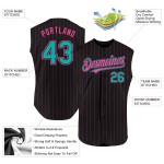 Camiseta de béisbol auténtica sin mangas personalizada con rayas negras, rosas y aguamarina